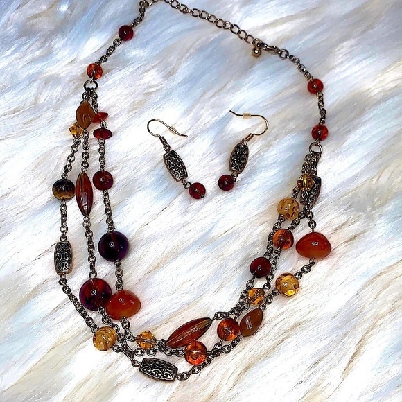 Jewelry - Beaded Chain Necklace and Earring Set  Brown, Yellow & Orange Autumn Stones